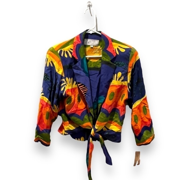 Dorothy Schoelen Platinum Psychedelic Tie Front Long Sleeve Blouse 80s VTG Small - Picture 2 of 5